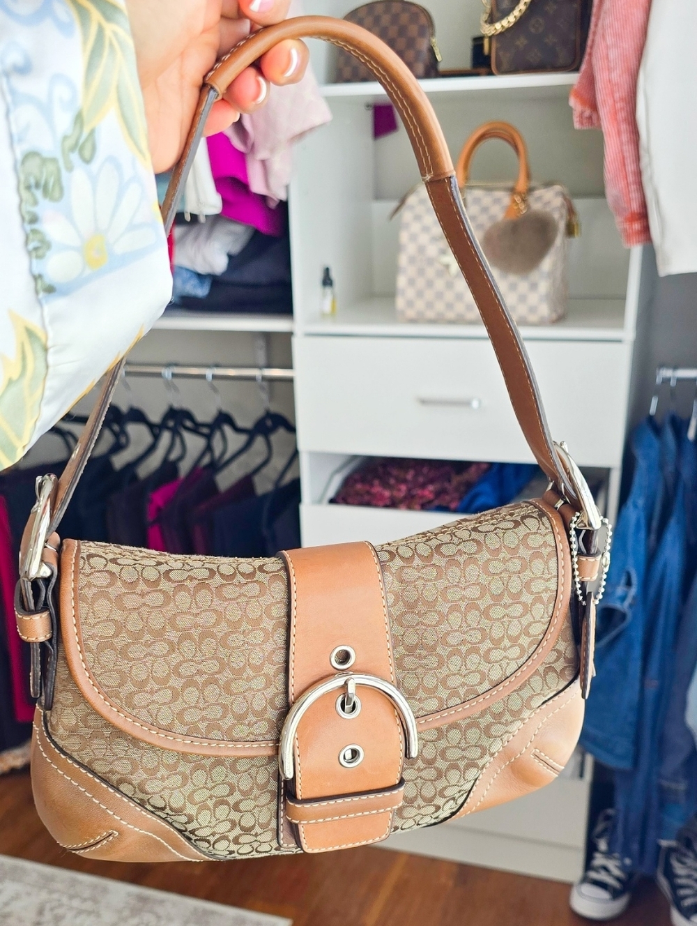 Coach Soho Flap  Signature Canvas Shoulder Bag in Tan and Brown -size Small - Picture 4 of 11